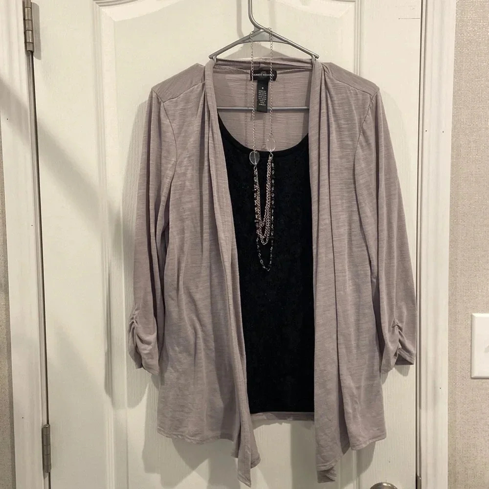 Karen Brooks, one piece, black lace with gray cardigan size Medium